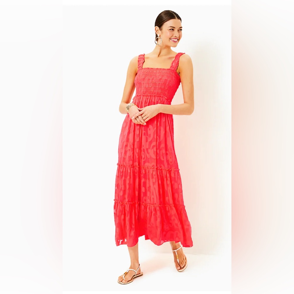 EUC Lilly Pulitzer Mizner Red Hadley Smocked Bodice Maxi Dress